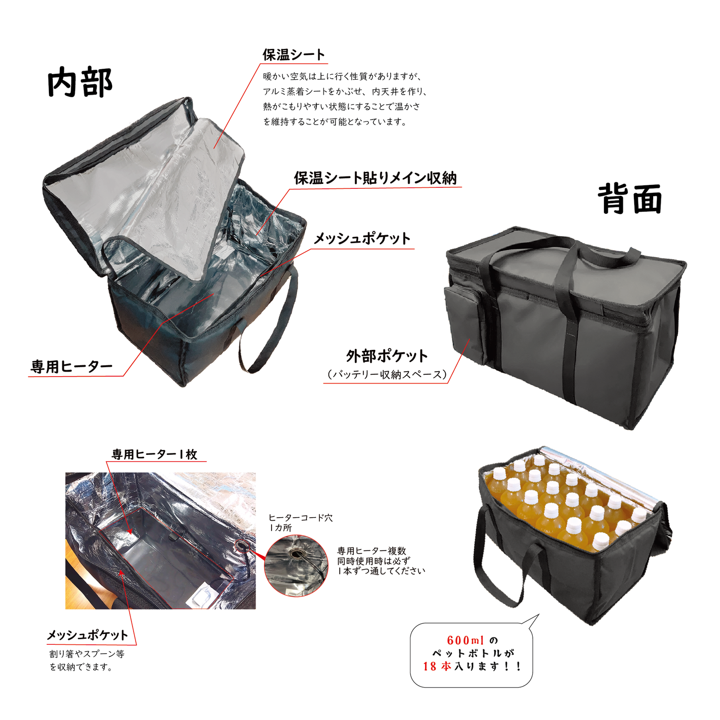 加熱ヒーター付き保温バッグ L型 【ドライブセット】